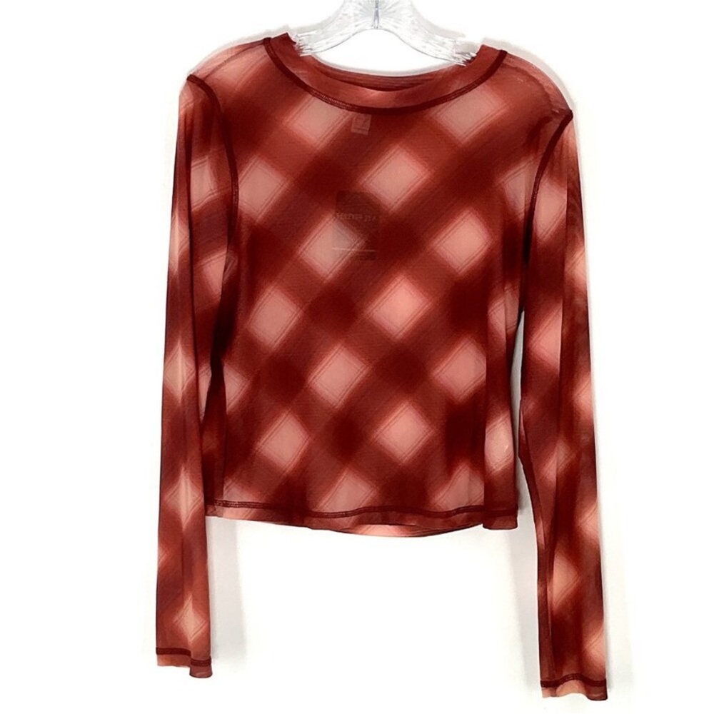 Red and Pink Plaid Long Sleeve Women's Mesh Top